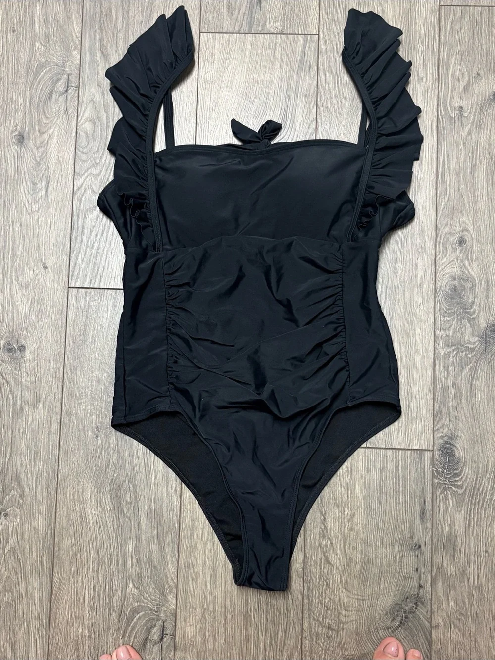 Black ruffle modest cute one piece swimsuit large NWOT